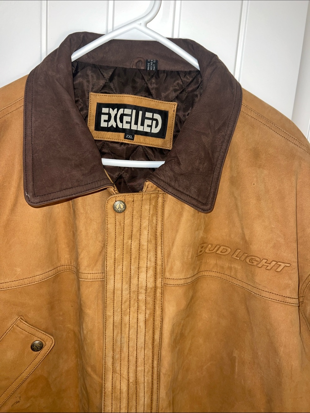 EUC! Vintage 1990s Bud Light Tan Leather Work Jacket by Excelled - Size 2X - Picture 2 of 15